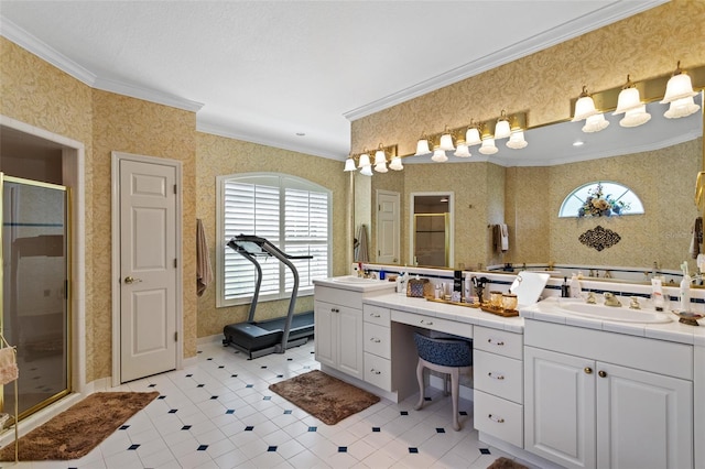 bathroom featuring dual bowl vanity, tile flooring, ornamental molding, and an enclosed shower