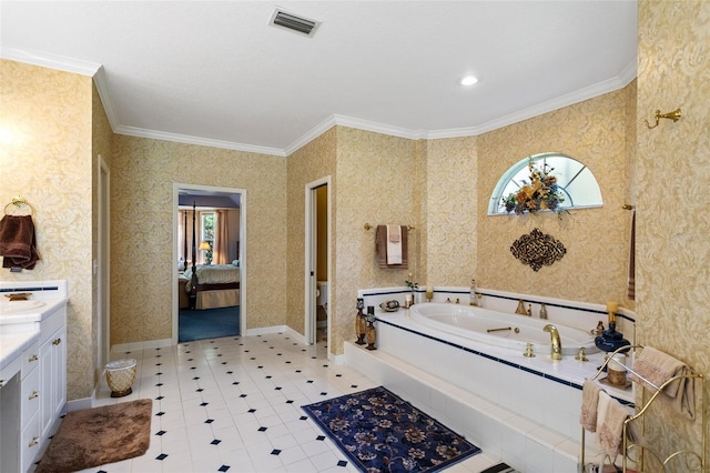 bathroom with ornamental molding, vanity, a bath, and tile flooring