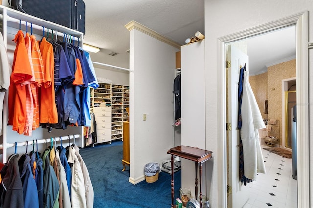 spacious closet with dark tile flooring