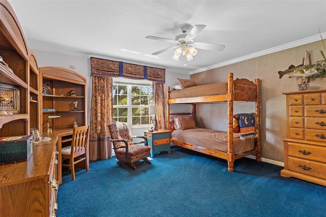 carpeted bedroom with crown molding and ceiling fan