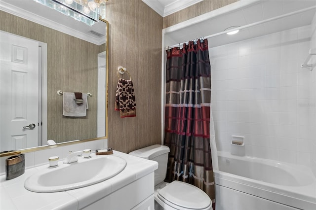 full bathroom featuring toilet, large vanity, shower / bath combo, and crown molding