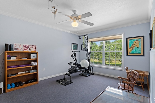 workout room with dark carpet, ornamental molding, ceiling fan, and a textured ceiling