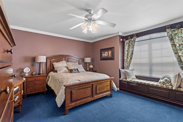 bedroom with dark colored carpet, ornamental molding, ceiling fan, and a textured ceiling