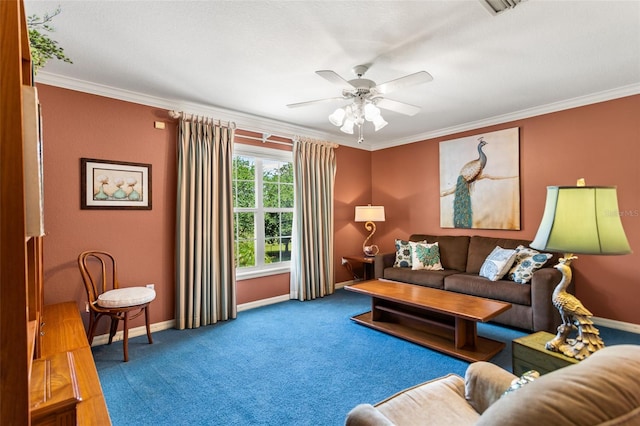 carpeted living room featuring crown molding and ceiling fan