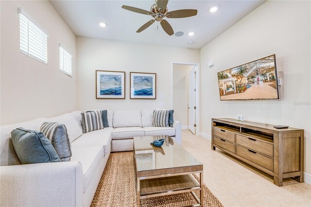 living room featuring ceiling fan