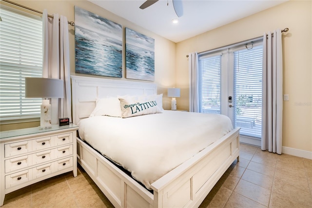 tiled bedroom with ceiling fan, access to outside, and french doors