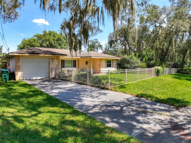 ranch-style house with a front lawn and a garage