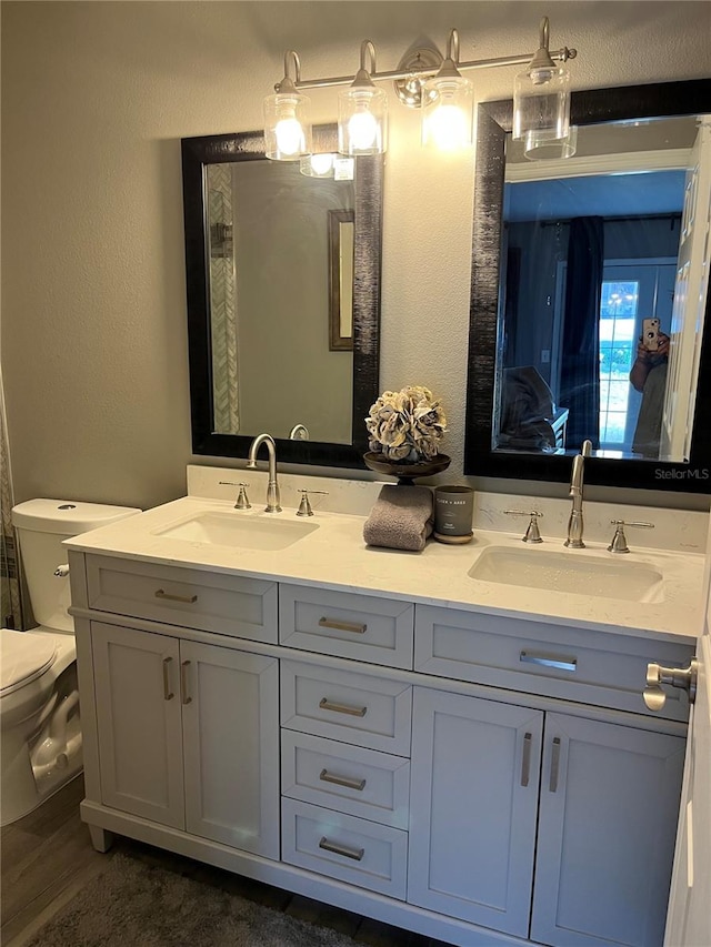 bathroom with toilet and dual vanity