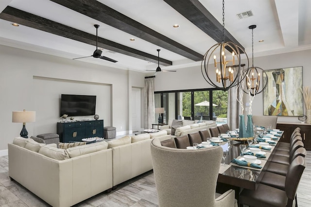 dining area with beamed ceiling and ceiling fan with notable chandelier