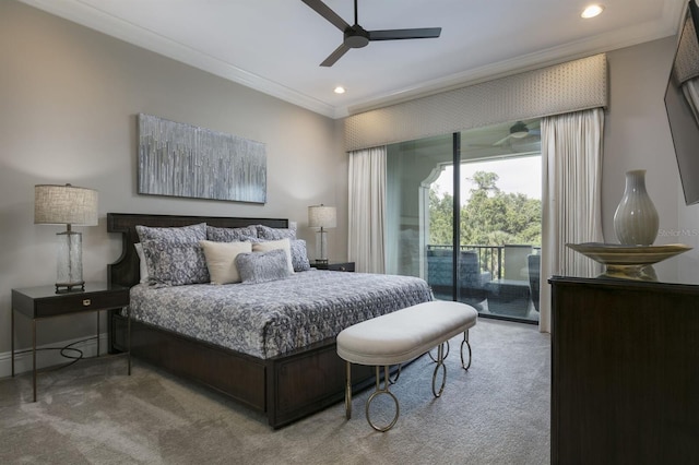 bedroom featuring ceiling fan, crown molding, access to exterior, and carpet