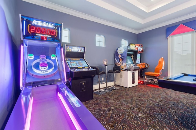 game room with ornamental molding and billiards