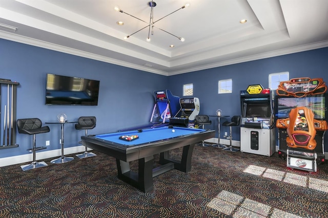 playroom with carpet flooring, a raised ceiling, crown molding, and pool table