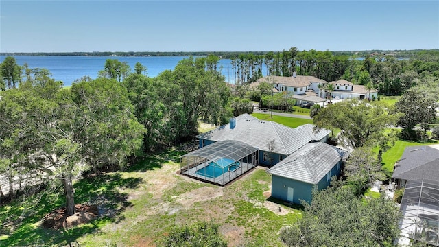 aerial view featuring a water view