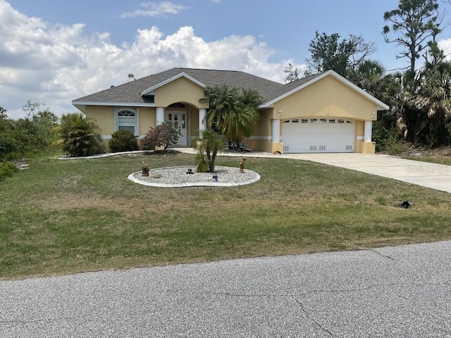 single story home with a front yard and a garage