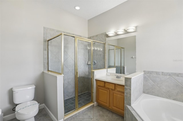 full bathroom with vanity, tile patterned flooring, toilet, a textured ceiling, and independent shower and bath