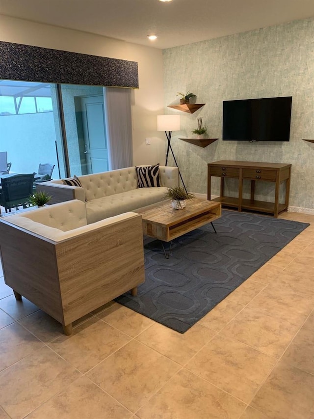 living room with light tile flooring