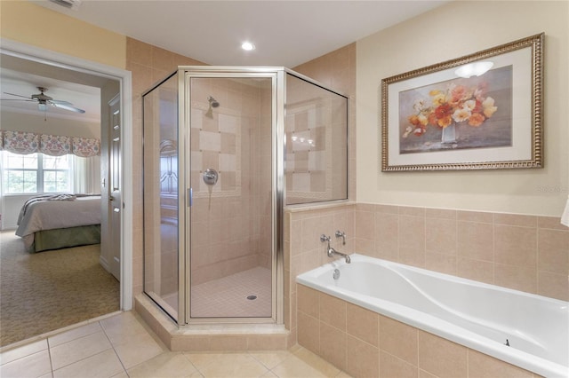 bathroom featuring plus walk in shower, tile floors, and ceiling fan