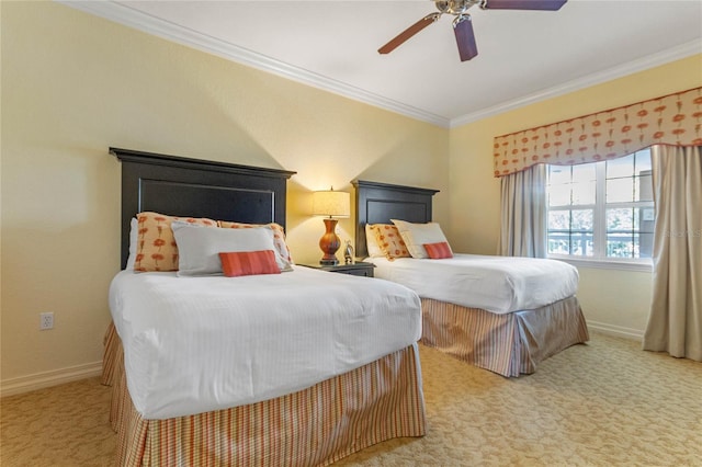 bedroom featuring light carpet, crown molding, and ceiling fan