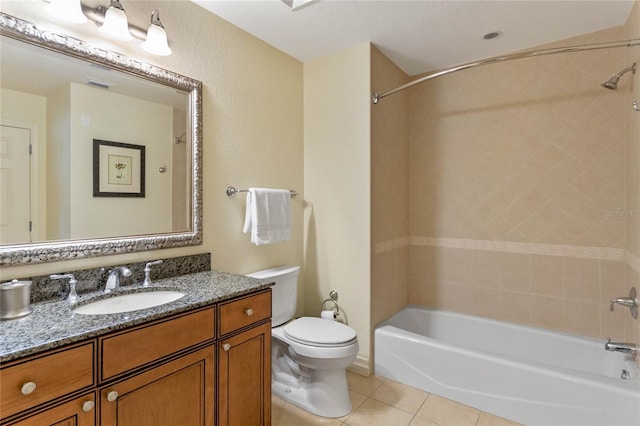 full bathroom with tile floors, a textured ceiling, shower / washtub combination, toilet, and large vanity