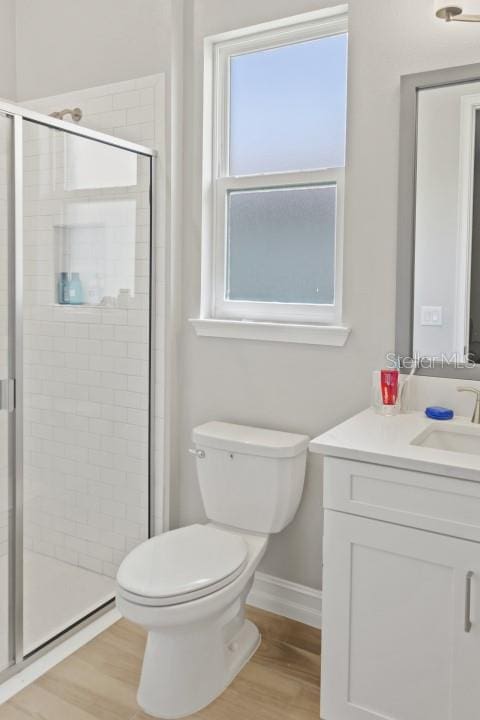 bathroom with vanity, hardwood / wood-style flooring, toilet, and walk in shower