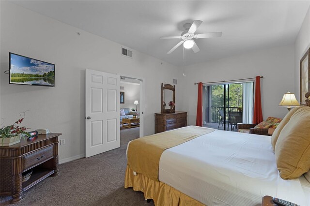 bedroom featuring dark colored carpet, ceiling fan, and access to outside