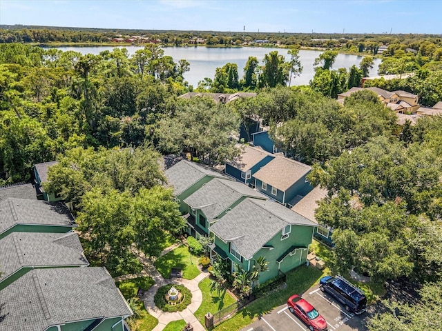 birds eye view of property featuring a water view