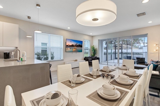 dining space with hardwood / wood-style floors, sink, and a wealth of natural light