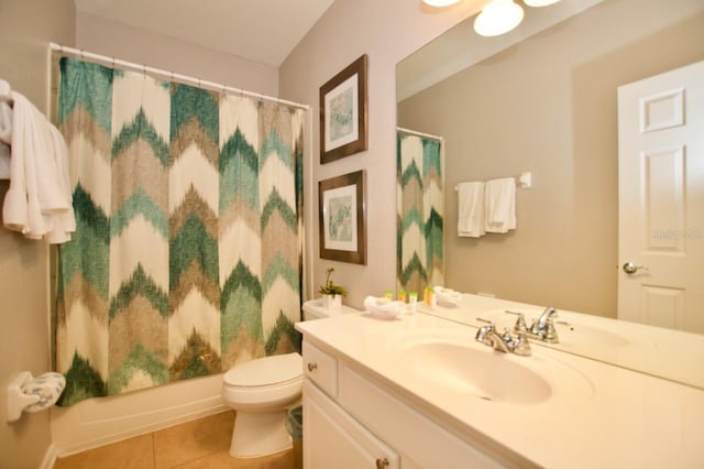 full bathroom with tile patterned flooring, vanity, shower / tub combo with curtain, and toilet