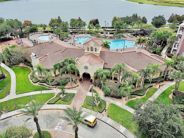 bird's eye view with a water view