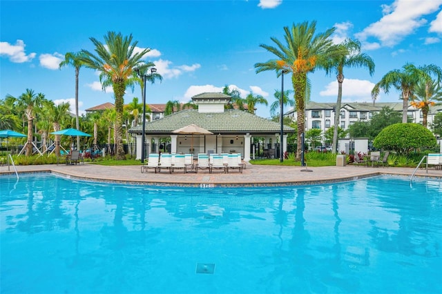 view of swimming pool with a patio area