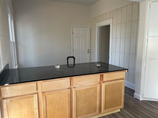 kitchen with dark stone counters, light brown cabinetry, and dark hardwood / wood-style floors