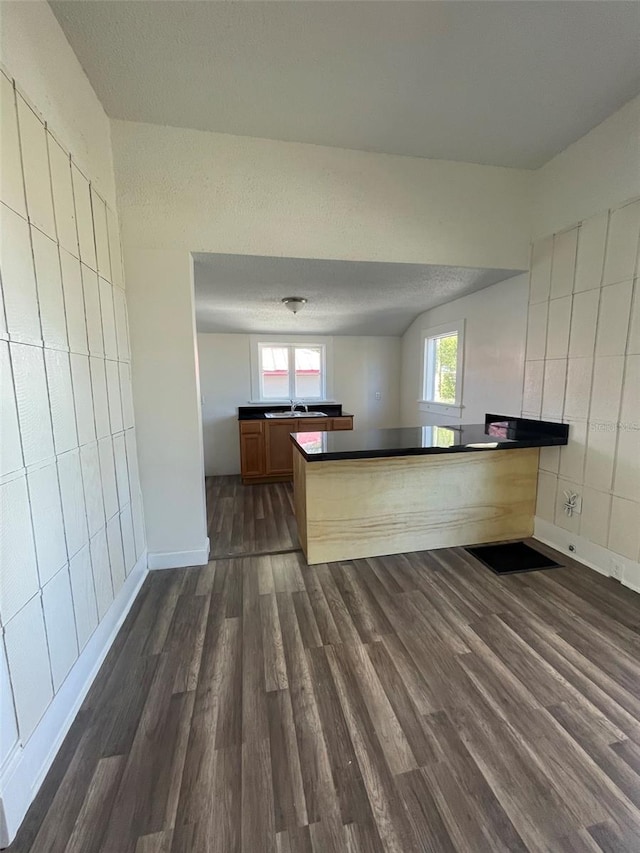 kitchen featuring kitchen peninsula, vaulted ceiling, sink, and dark wood-type flooring