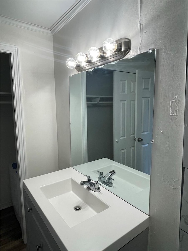 bathroom featuring vanity with extensive cabinet space and crown molding