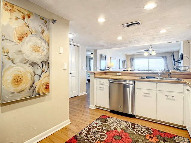 1513 Ocean Shore Blvd Unit 9E, Ormond Beach, FL 32176 - kitchen featuring light wood finished floors, visible vents, stainless steel dishwasher, baseboards, and white cabinetry