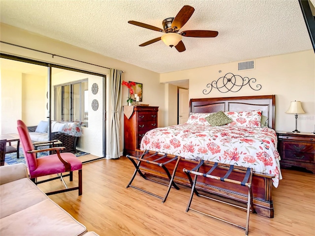 1513 Ocean Shore Blvd Unit 9E, Ormond Beach, FL 32176 - bedroom featuring ceiling fan, light wood finished floors, a textured ceiling, and visible vents
