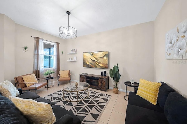 living room with light tile patterned floors and a notable chandelier