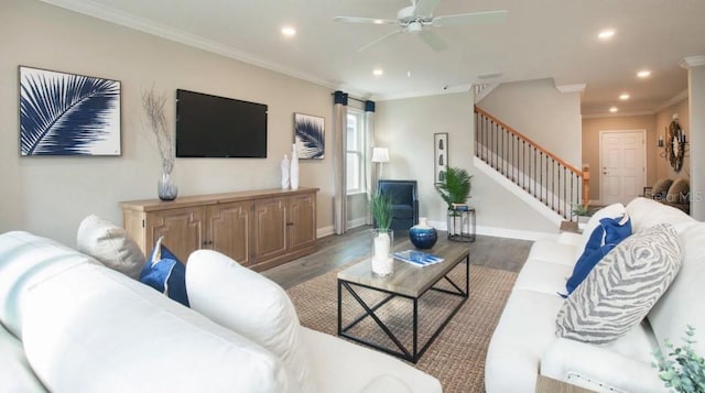 living room with dark hardwood / wood-style flooring, ornamental molding, and ceiling fan