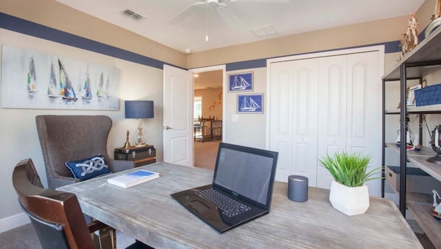 office area with a ceiling fan, visible vents, and baseboards