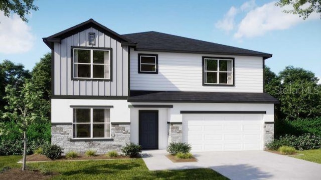 view of front of home featuring concrete driveway, an attached garage, board and batten siding, and stone siding