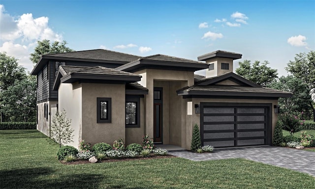 prairie-style house with a front lawn and a garage