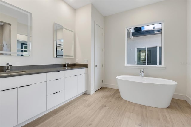 bathroom featuring vanity, a washtub, and hardwood / wood-style floors