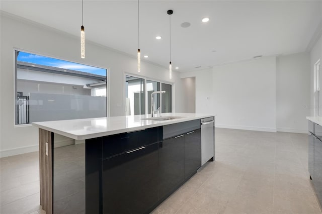 kitchen featuring sink, a spacious island, ornamental molding, decorative light fixtures, and stainless steel dishwasher