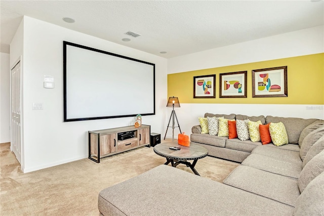 home theater room with light carpet