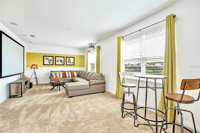 carpeted living room with a textured ceiling