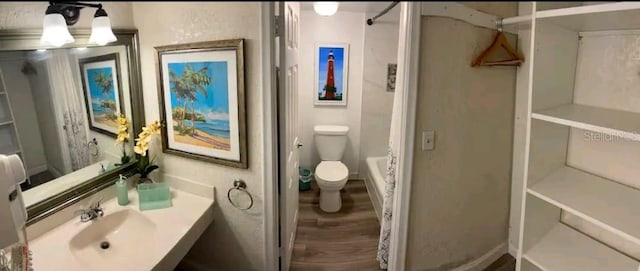 bathroom with toilet, wood-type flooring, and sink