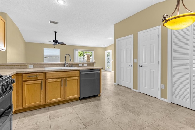 kitchen with ceiling fan, black range with gas stovetop, dishwasher, light tile flooring, and decorative light fixtures