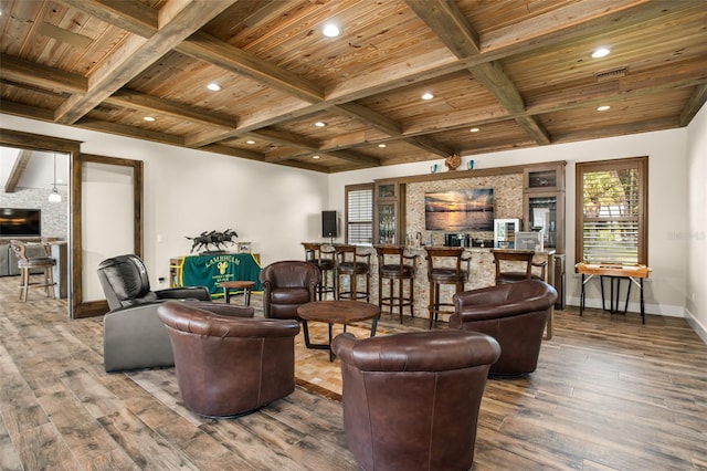 living room with beam ceiling, dark hardwood / wood-style flooring, wood ceiling, and coffered ceiling