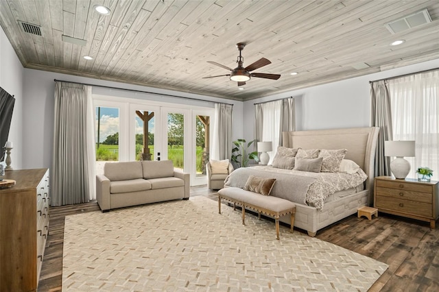 bedroom featuring french doors, hardwood / wood-style floors, wood ceiling, and ceiling fan