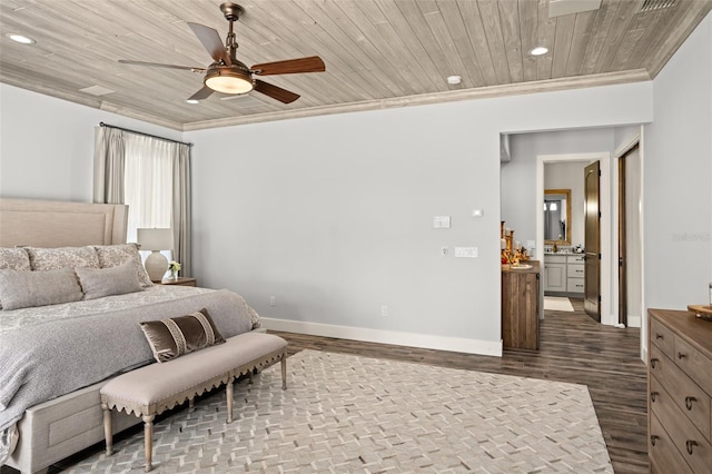 bedroom featuring ceiling fan, crown molding, dark wood-type flooring, and wooden ceiling