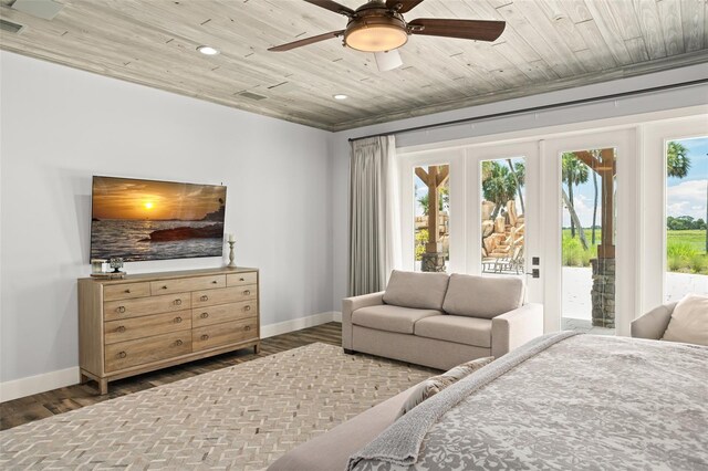 bedroom with french doors, ceiling fan, dark hardwood / wood-style flooring, access to outside, and wooden ceiling